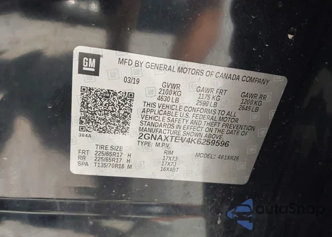 2019 Chevrolet Equinox Lt z USA, uszkodzony, nr VIN 2GNAXTEV4K6259596
